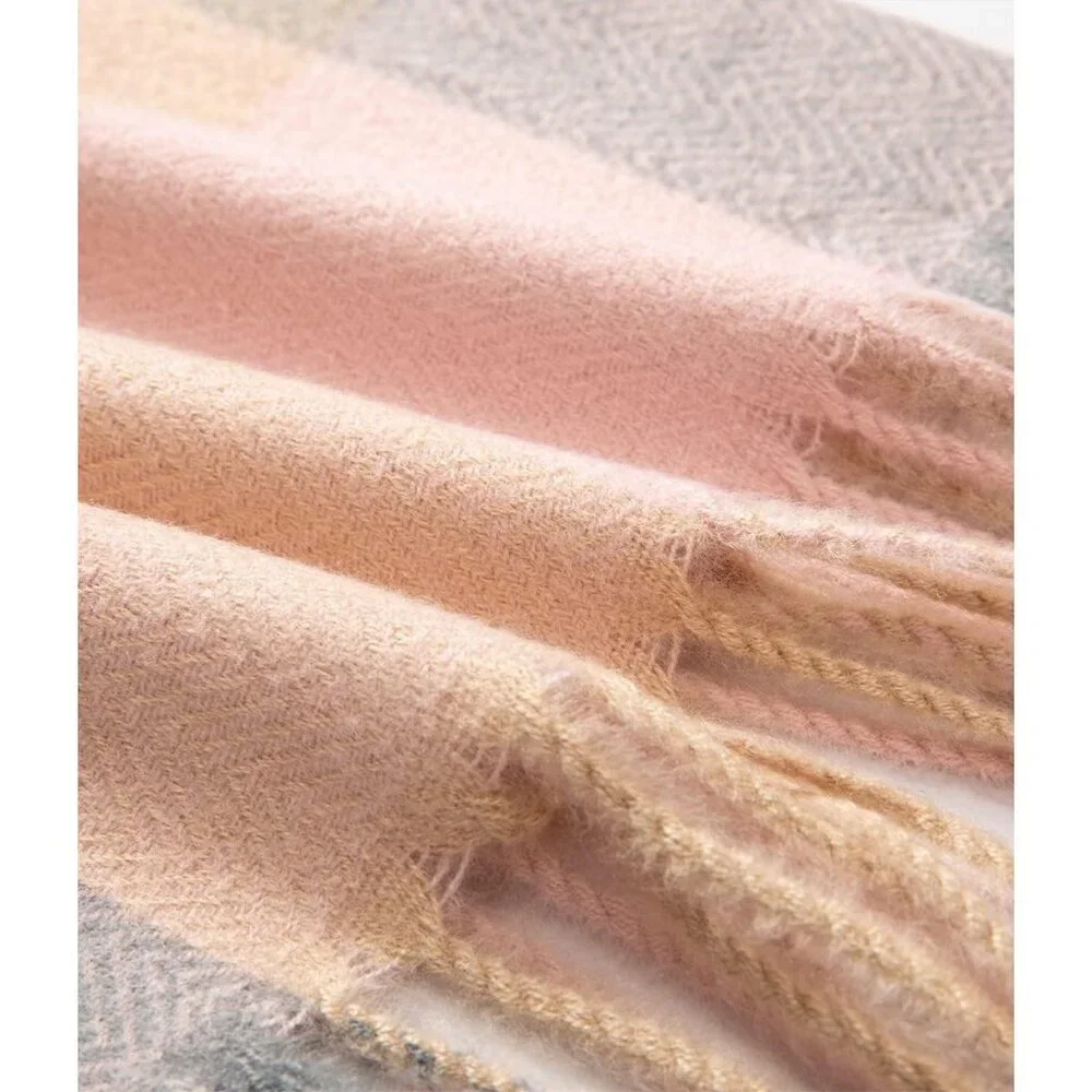 Women's Lilac Check Wool Scarf Cashmere Feel Winter Checked Scarves Soft Shawls